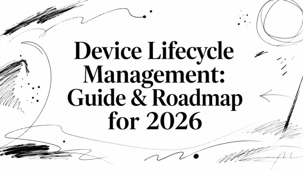 The image shows the words “Device Lifecycle Management: Guide & Roadmap for 2026” on white with sketches.