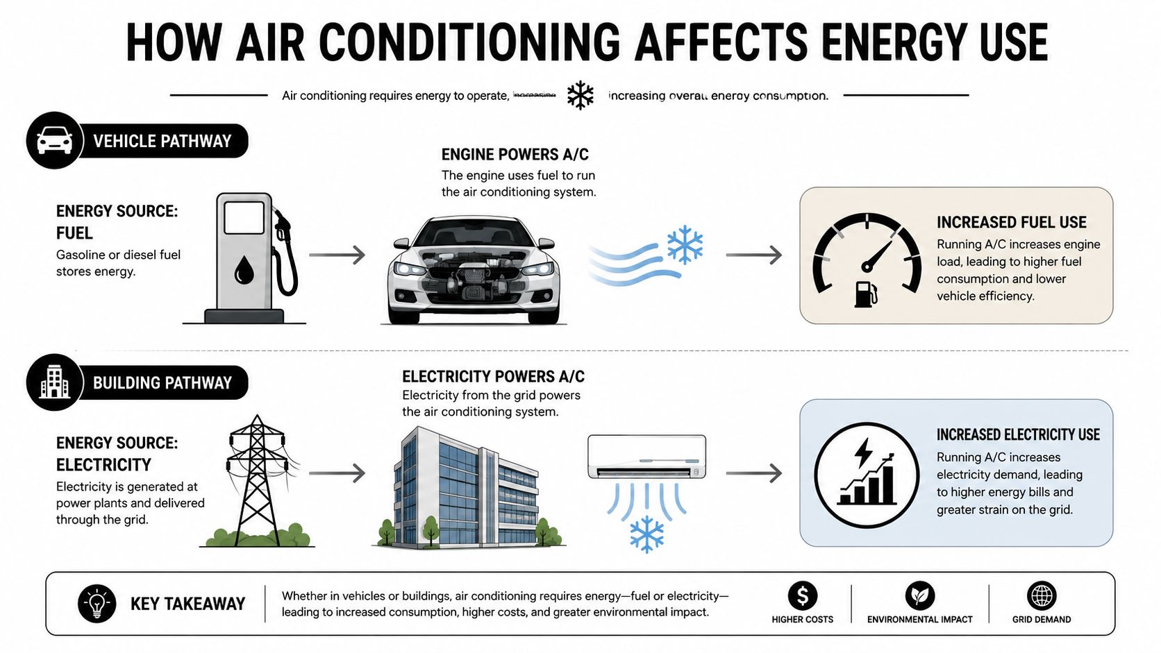 An infographic illustrating how vehicle air conditioning increases fuel consumption and building air conditioning increases electricity usage.