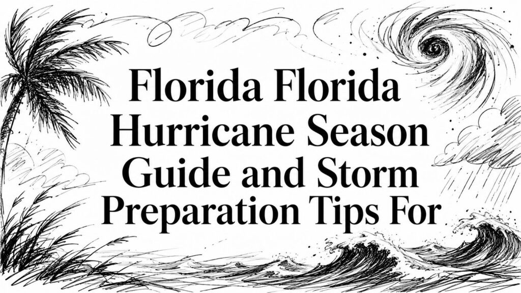 Black and white drawing featuring the text “Florida Hurricane Season Guide and Storm Preparation Tips.”