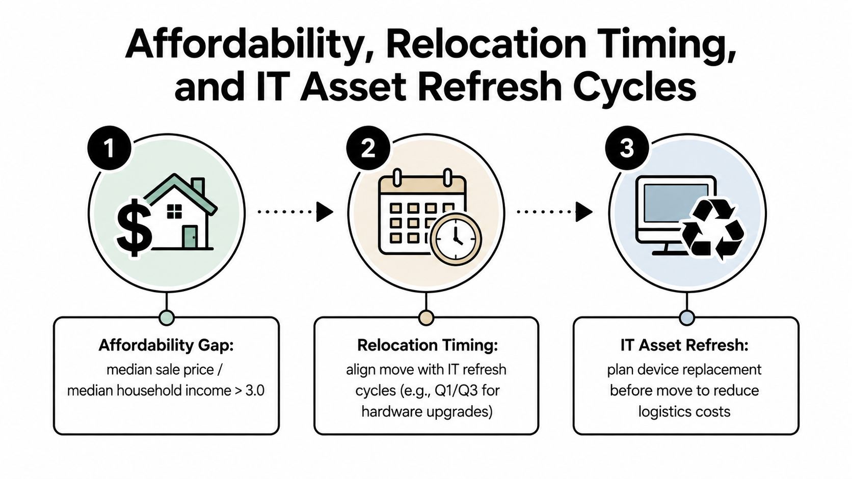 A diagram illustrating three key business considerations: affordability gap, relocation timing, and strategic IT asset refresh.