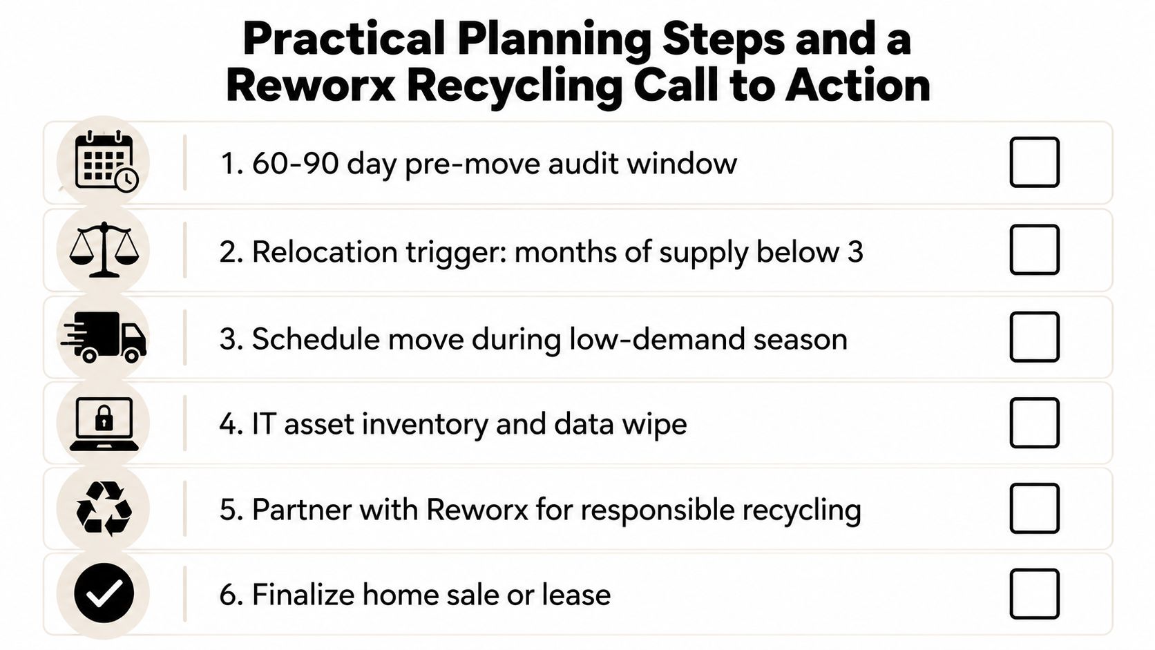 A checklist for a moving and relocation process including audit, planning, IT asset management, and recycling.