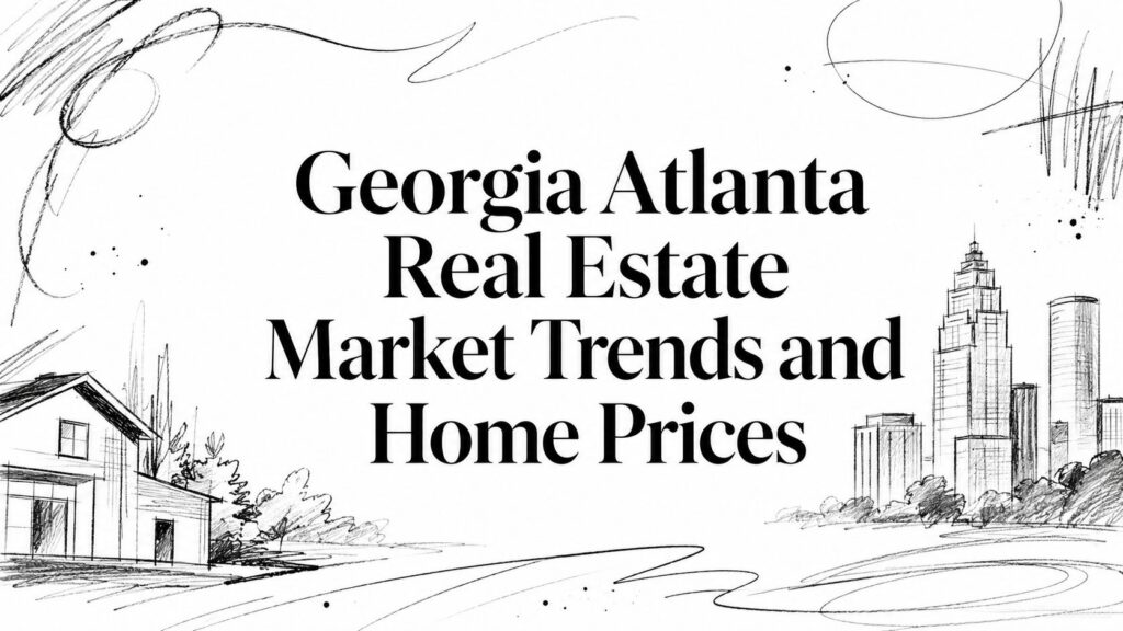 The image shows “Georgia Atlanta Real Estate Market Trends and Home Prices” with a house and city sketches.