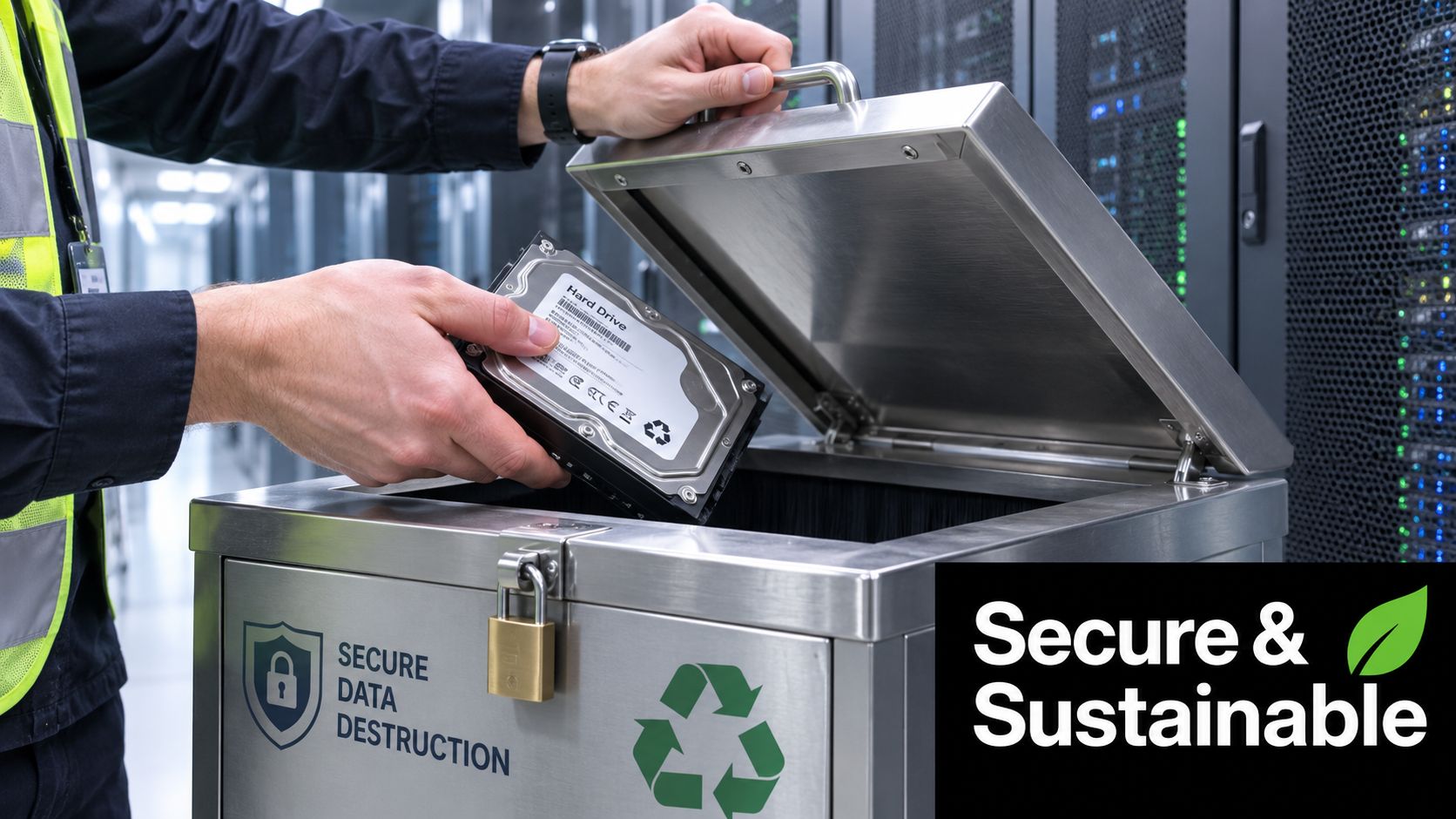 A technician securely depositing a hard drive into a secure data destruction and recycling bin.