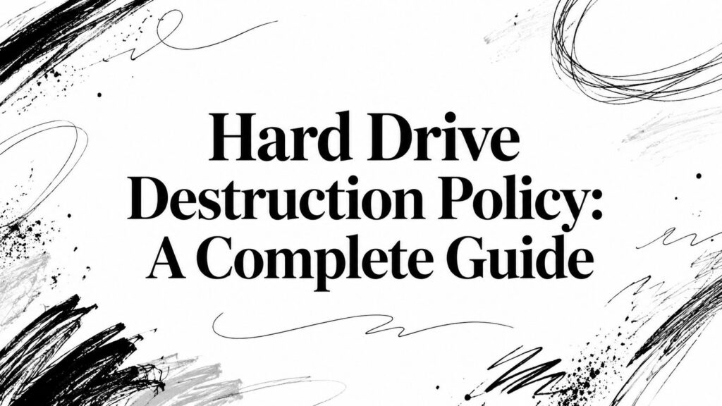 The phrase “Hard Drive Destruction Policy: A Complete Guide” appears on a white background with black streaks.