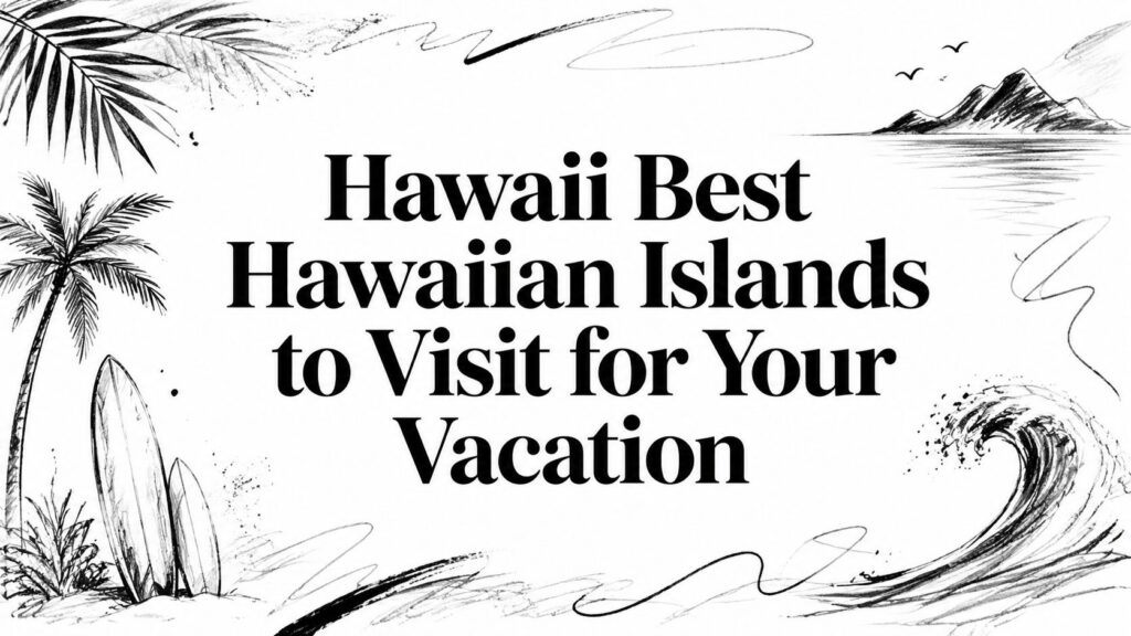 Text reads “Hawaii Best Hawaiian Islands to Visit for Your Vacation” over tropical beach sketches.
