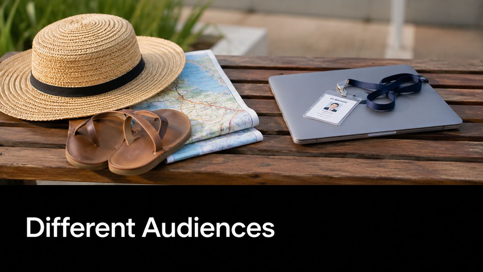 A straw hat, sandals, and a map resting on a bench next to a laptop with an ID badge.
