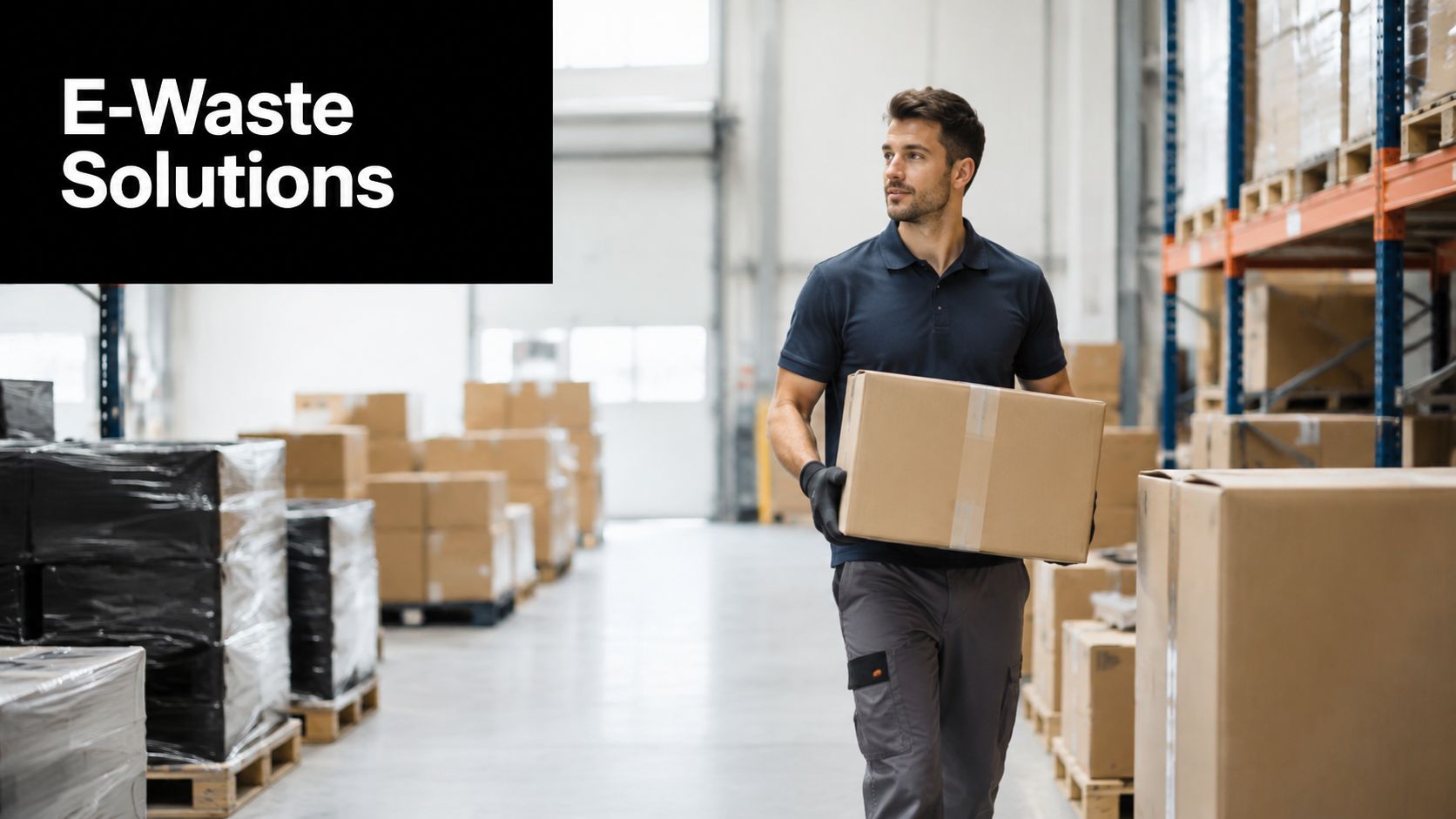 A professional warehouse worker holding a cardboard box in a large distribution center facility.