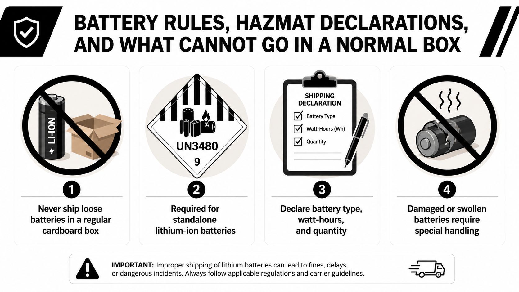 An infographic detailing safety regulations for shipping lithium-ion batteries and hazardous materials in standard cardboard packages.
