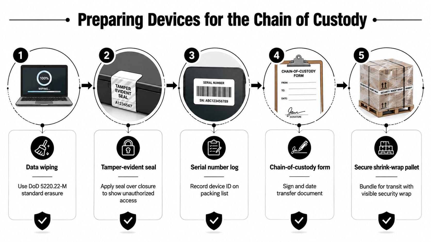 A five-step infographic showing the process for preparing electronic devices for secure transport and chain of custody.