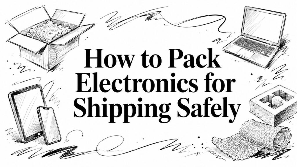 Sketch of electronics surrounded by packing materials with text: How to Pack Electronics for Shipping Safely.