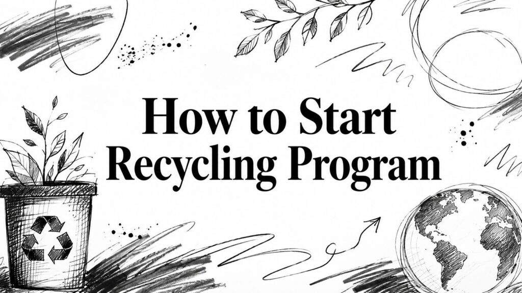 Black and white sketch showing “How to Start Recycling Program” with recycle bin, leaves, and Earth illustration.