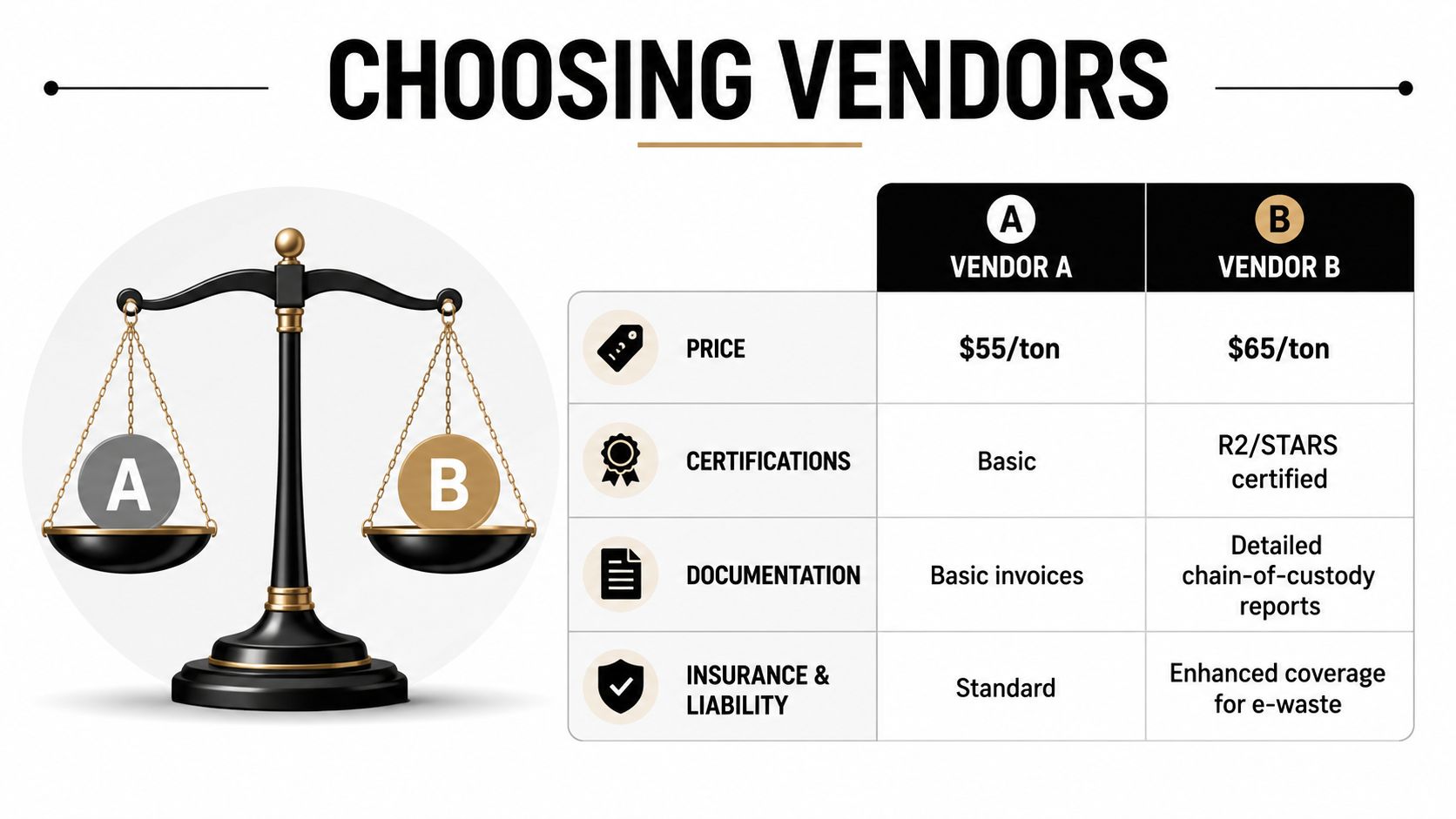 A comparison chart showing two vendors, A and B, evaluating pricing, certifications, documentation, and liability coverage.
