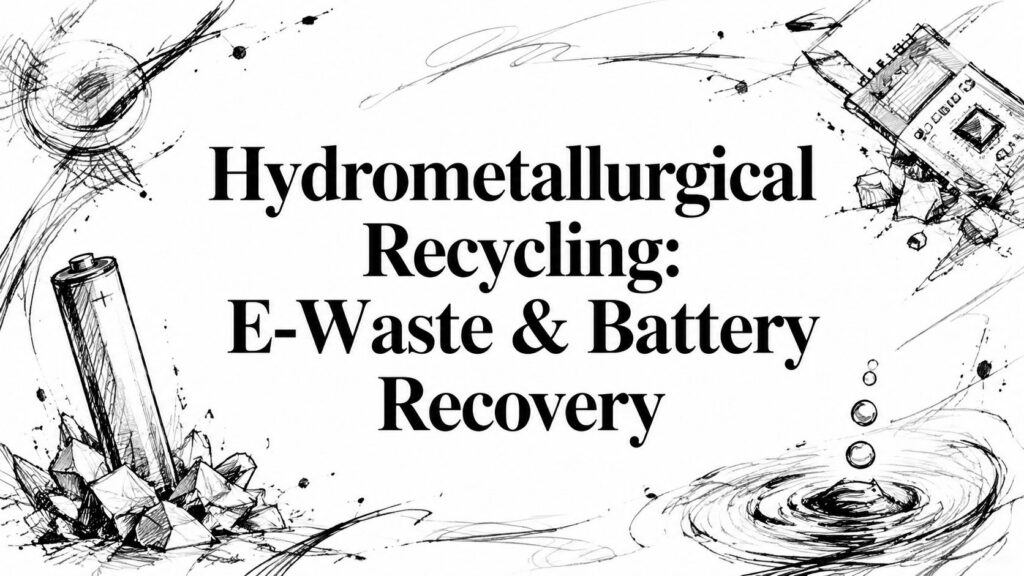 Text reads “Hydrometallurgical Recycling: E-Waste & Battery Recovery” with drawings of e-waste and water.