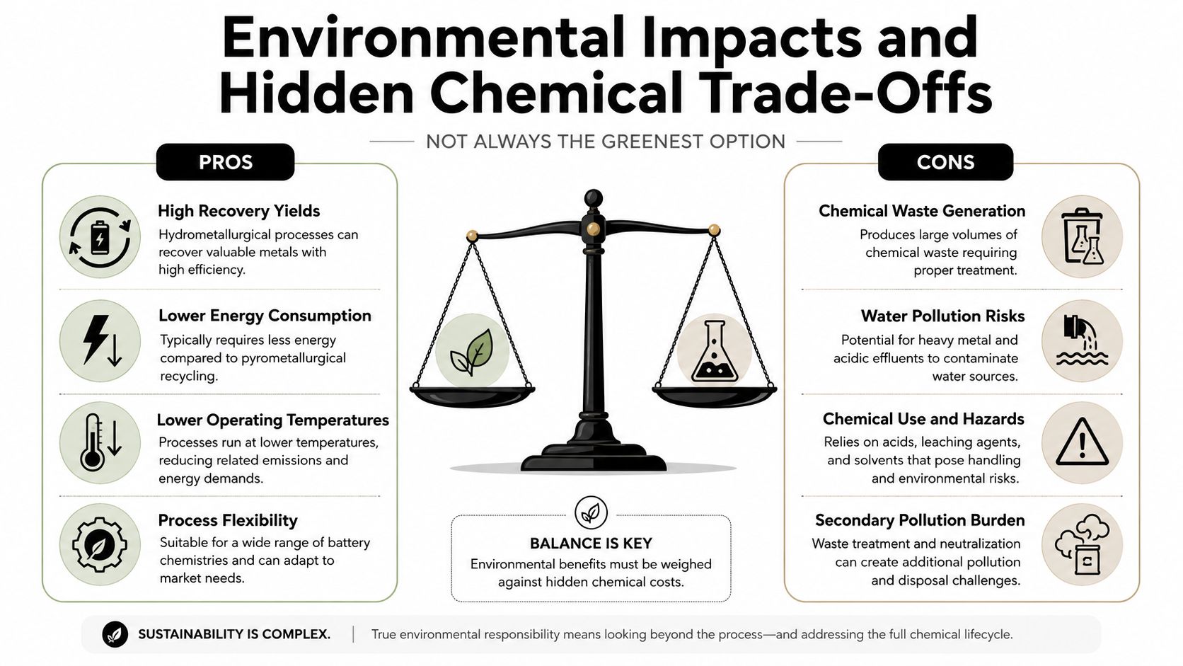 An infographic comparing the pros and cons of hydrometallurgical recycling, showing environmental trade-offs on a balance scale.