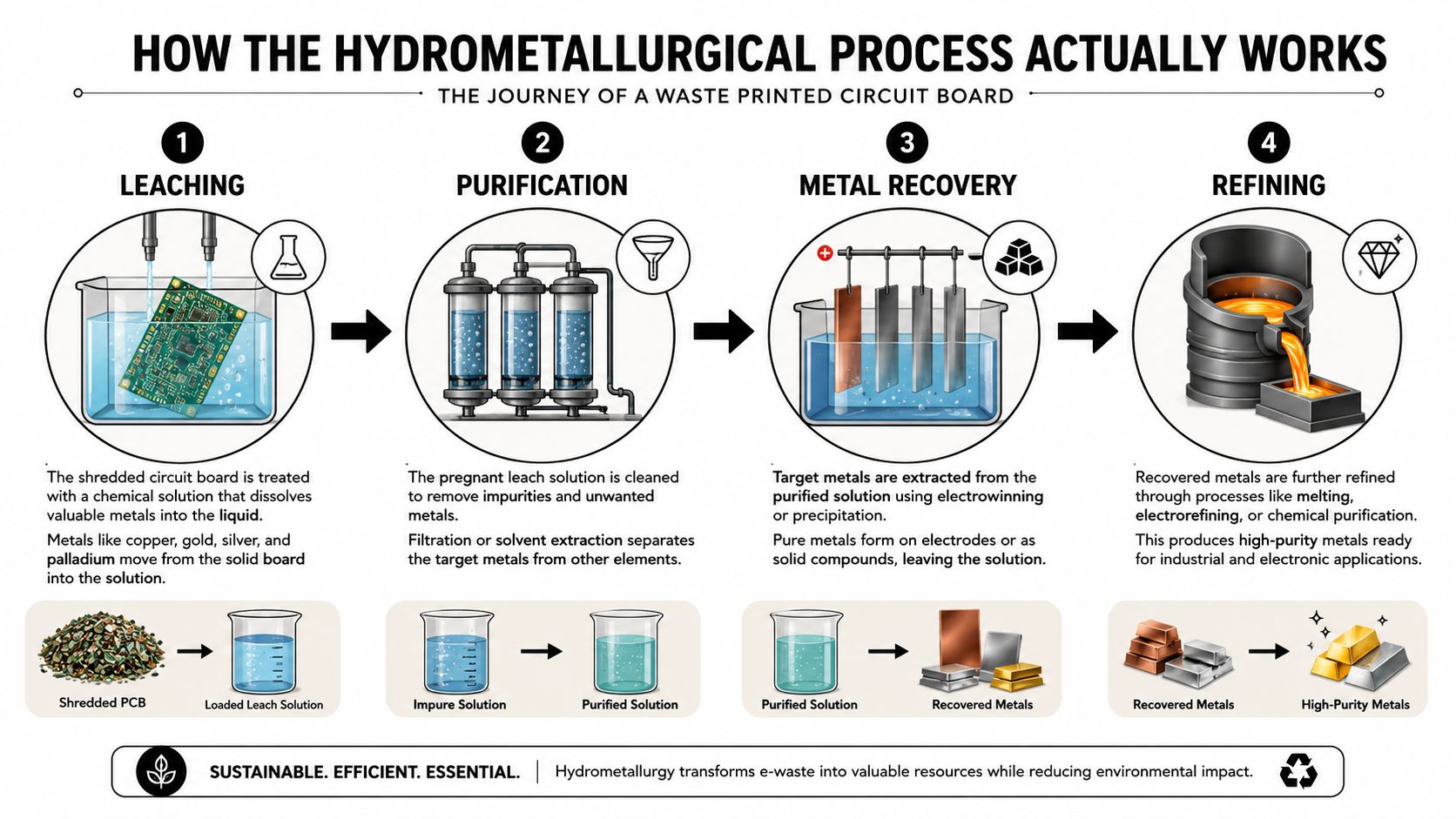 A diagram illustrating the four-step hydrometallurgical recycling process for extracting precious metals from electronic circuit board waste.