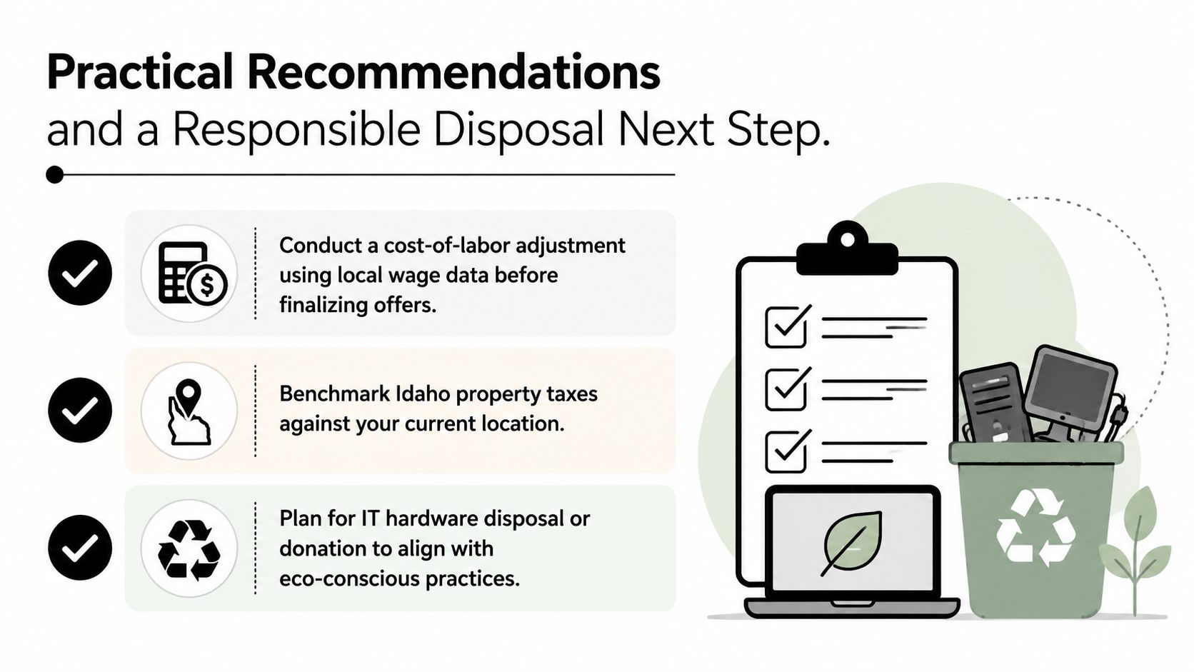 A list of business recommendations regarding cost of labor, property taxes, and eco-friendly IT hardware disposal.