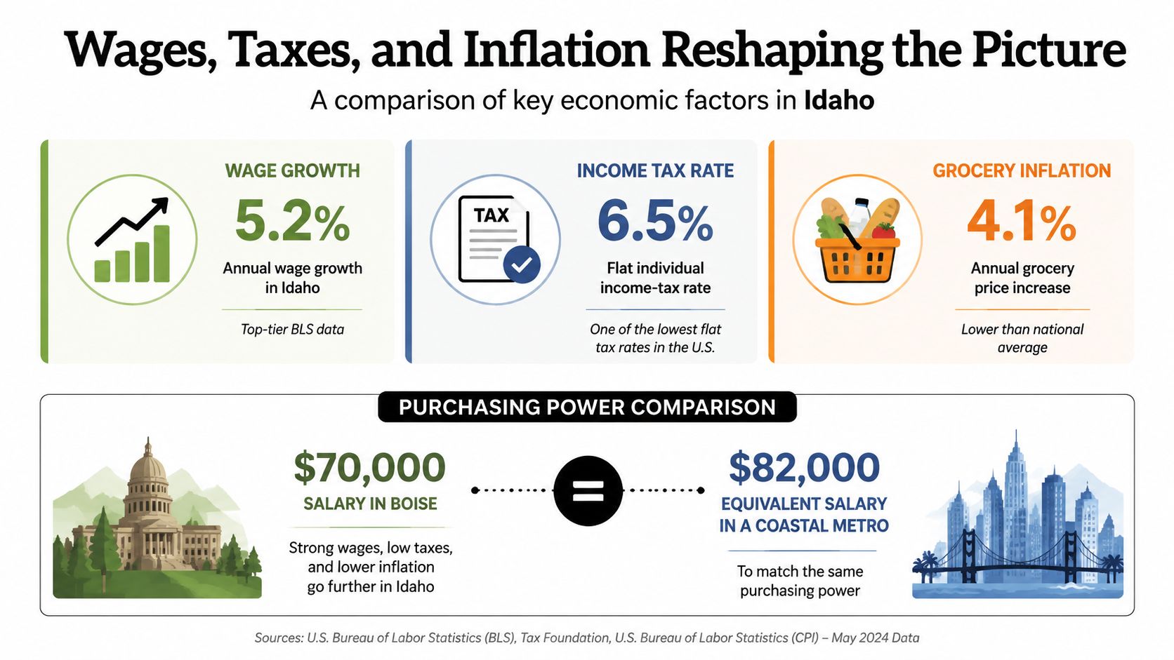 An infographic comparing wage growth, income taxes, and grocery inflation in Idaho to explain local purchasing power.