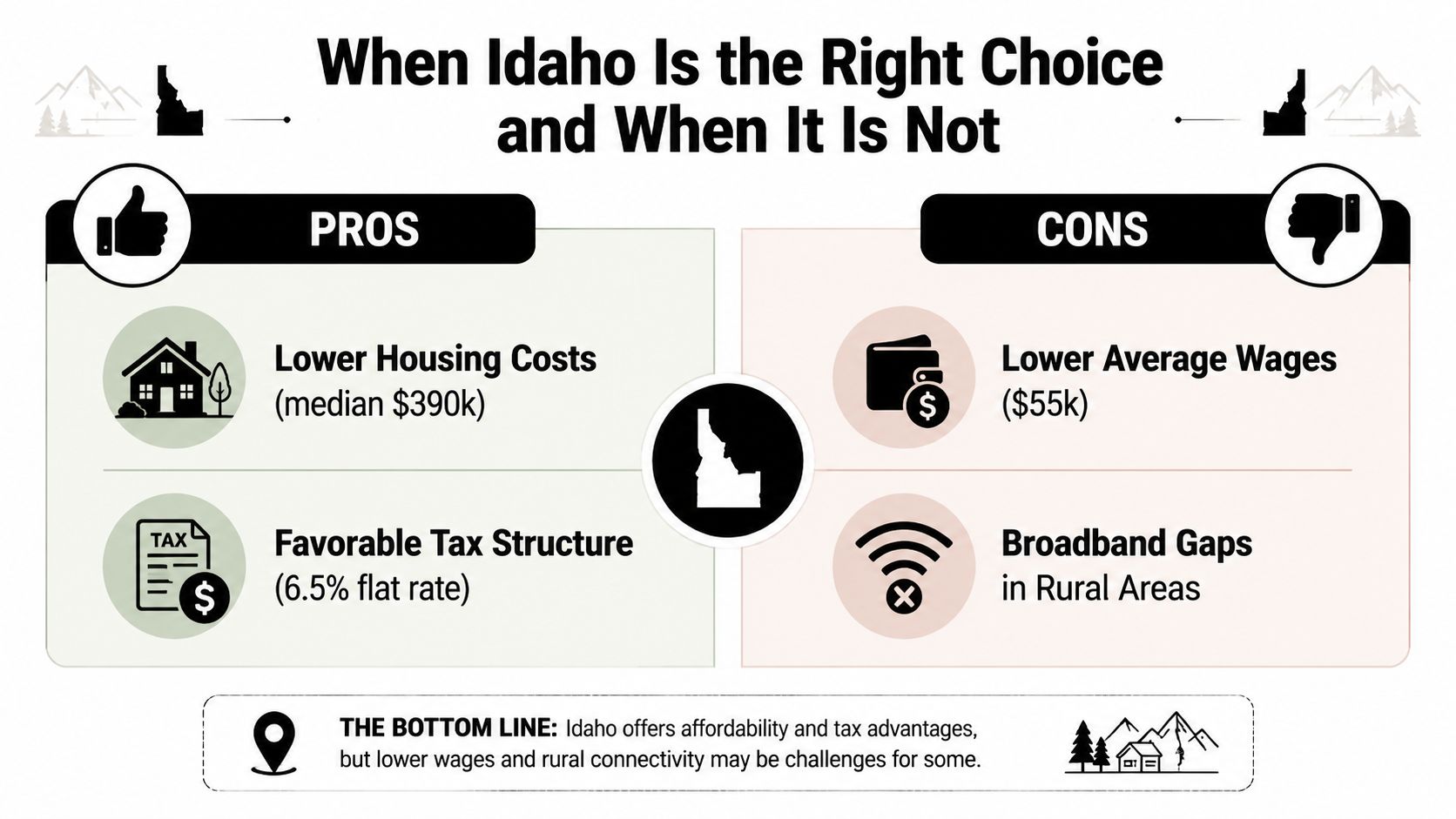 A comparison infographic showing the pros and cons of living in Idaho regarding cost and economy.