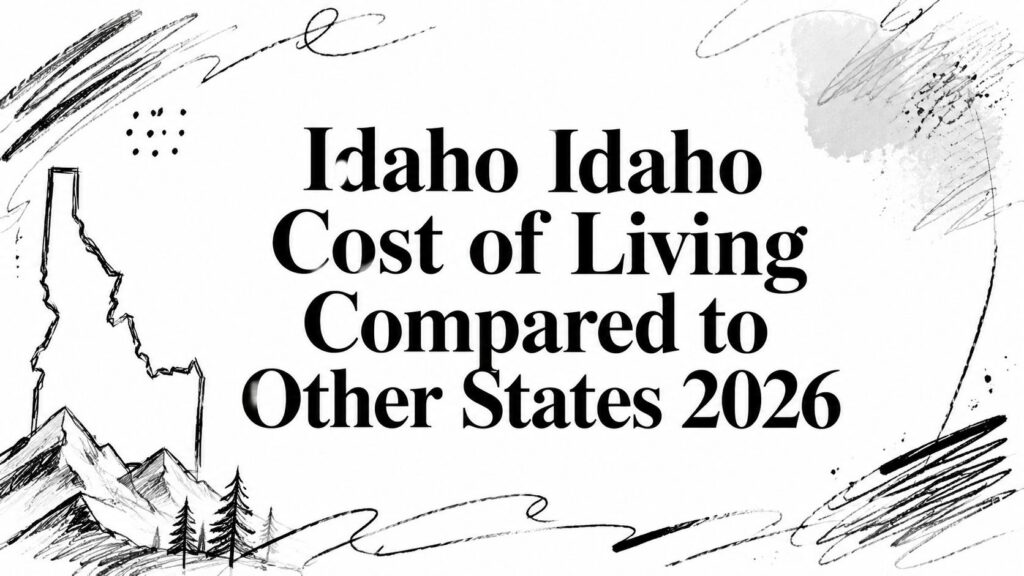 Idaho cost of living 2026, with Idaho map outline and a mountain sketch highlighting state features.