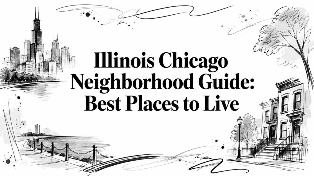 Black and white illustration of Chicago homes and skyline with text: Illinois Chicago Neighborhood Guide.