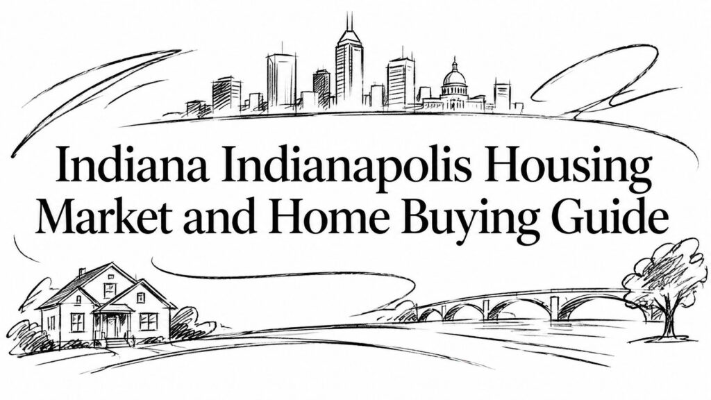 A sketched city skyline, house, and bridge illustrate the Indiana Indianapolis housing market guide.