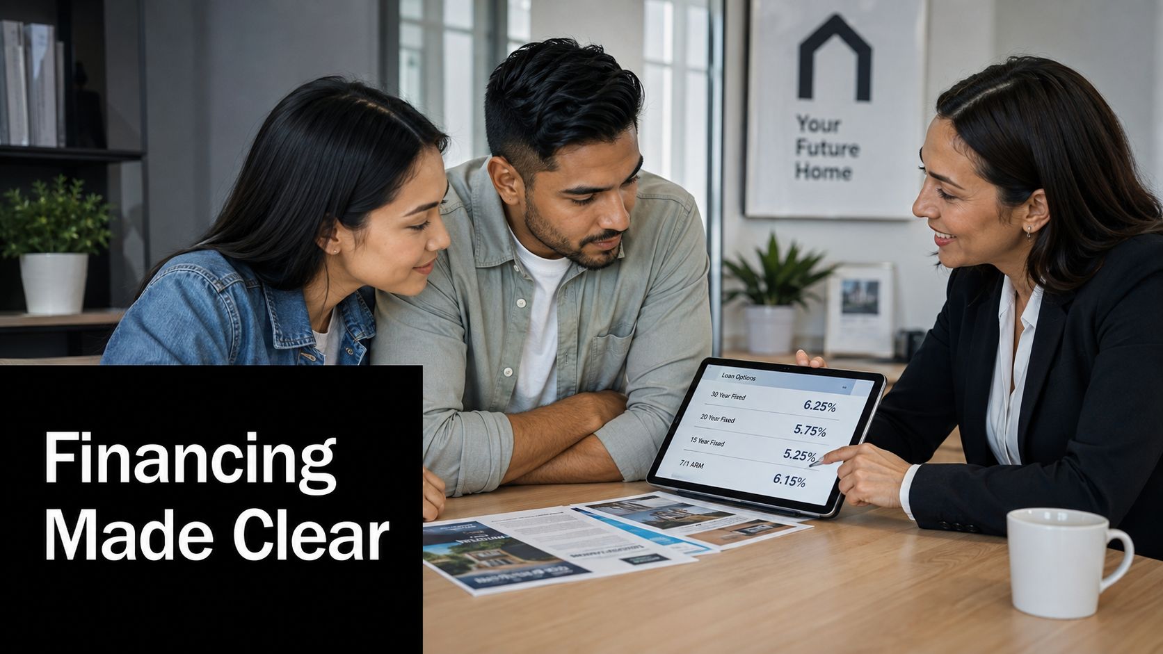 A professional financial advisor showing mortgage loan interest rate options on a tablet to a young couple.