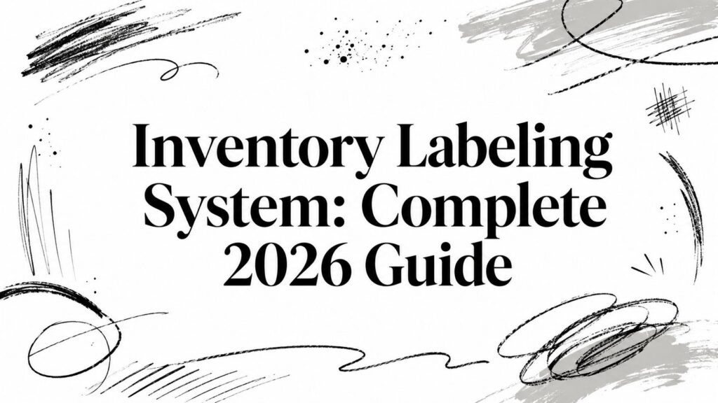 The image shows “Inventory Labeling System: Complete 2026 Guide” text with abstract black doodles.