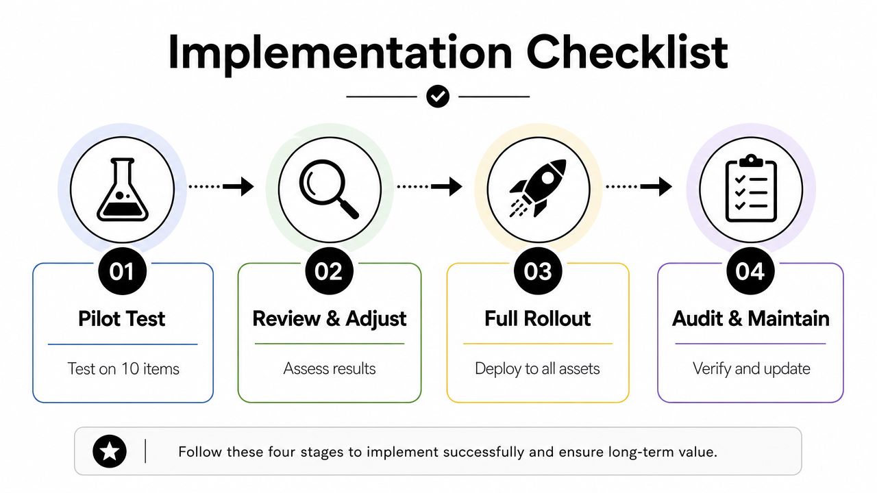 A four-step implementation checklist for inventory labeling systems, detailing stages from pilot testing to auditing.