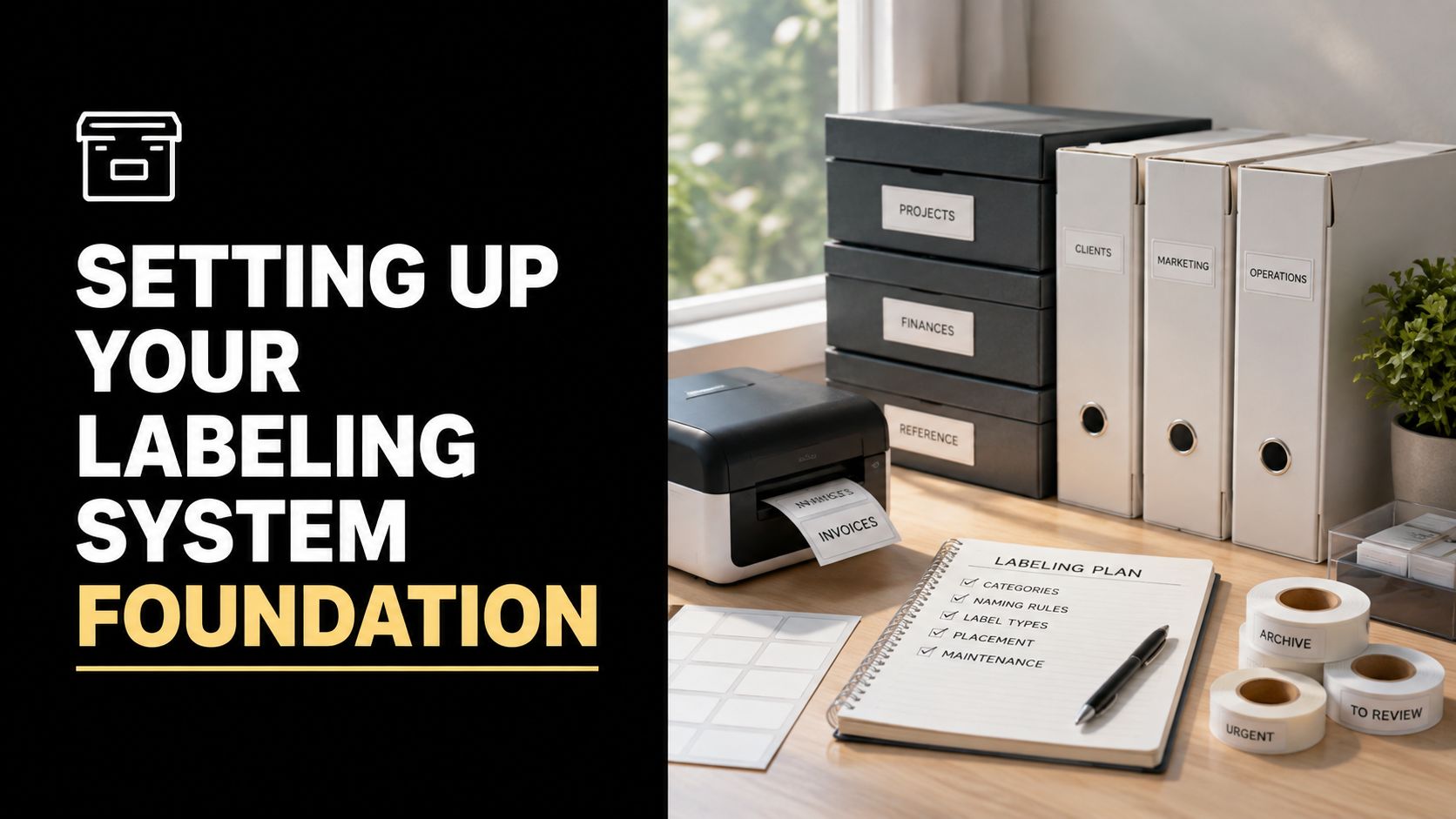 An organized desk featuring a label printer, storage boxes, folders, and a checklist for a labeling system.