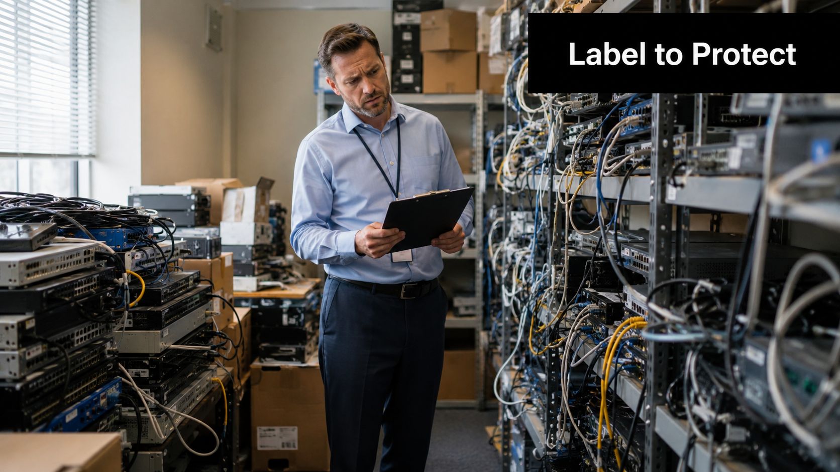 A professional technician carefully documenting server equipment with a clipboard in a data center storage room.