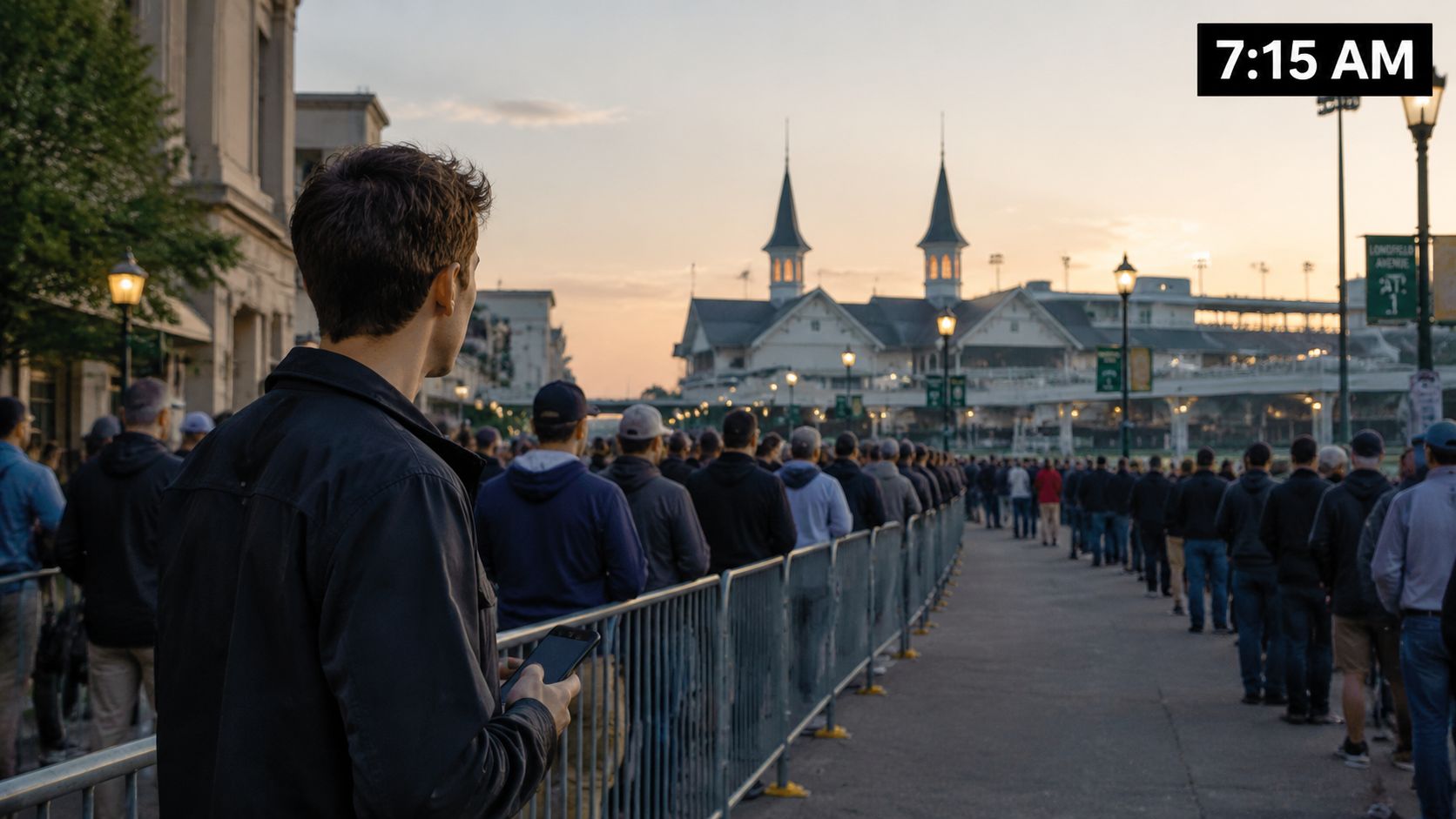 A line of people waiting outside Churchill Downs racetrack early in the morning before the Kentucky Derby.