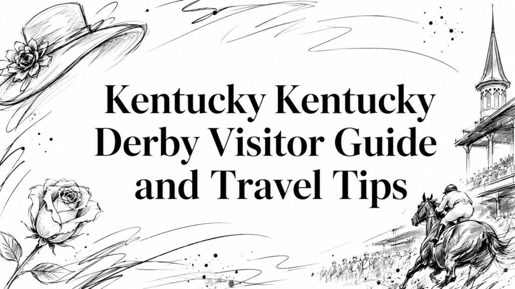 Kentucky Derby Visitor Guide features sketches of a hat, rose, horse racing, and grandstand.