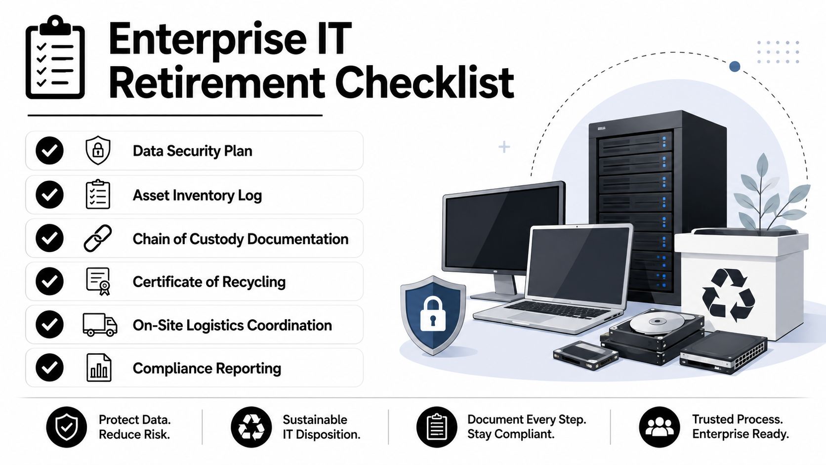 An enterprise IT retirement checklist illustration featuring steps like data security plans, asset logs, and sustainable recycling processes.