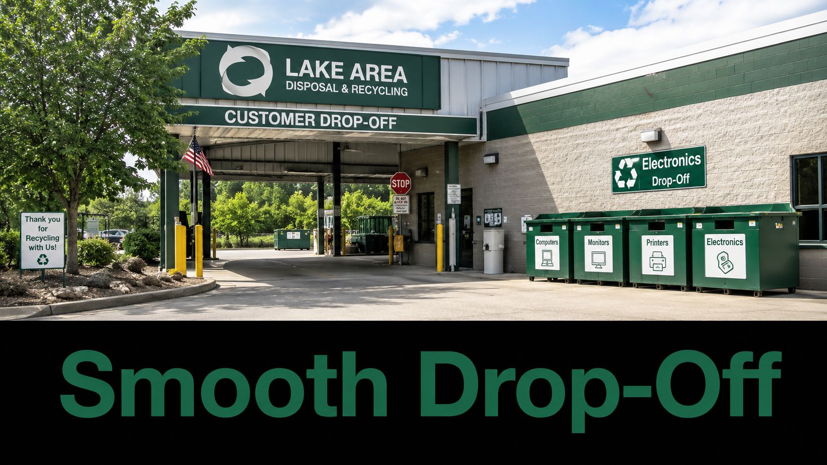 A clean and professional outdoor electronics recycling drop-off station at Lake Area Disposal and Recycling facility.