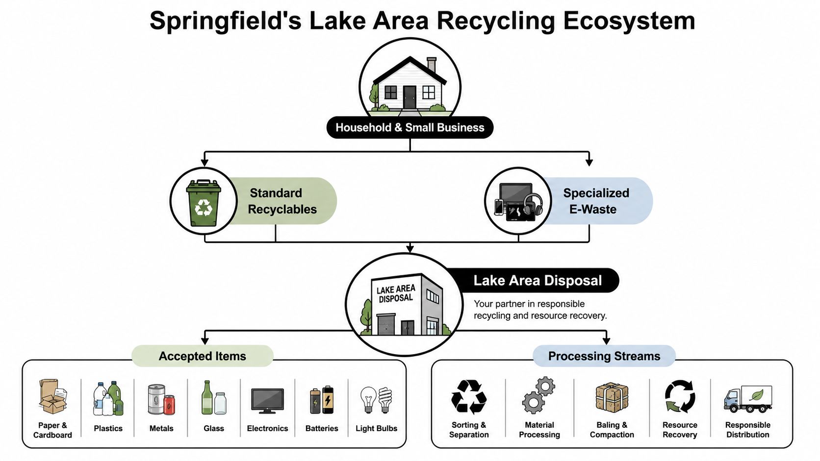 A diagram illustrating the Lake Area recycling ecosystem, starting from households to Lake Area Disposal processing.
