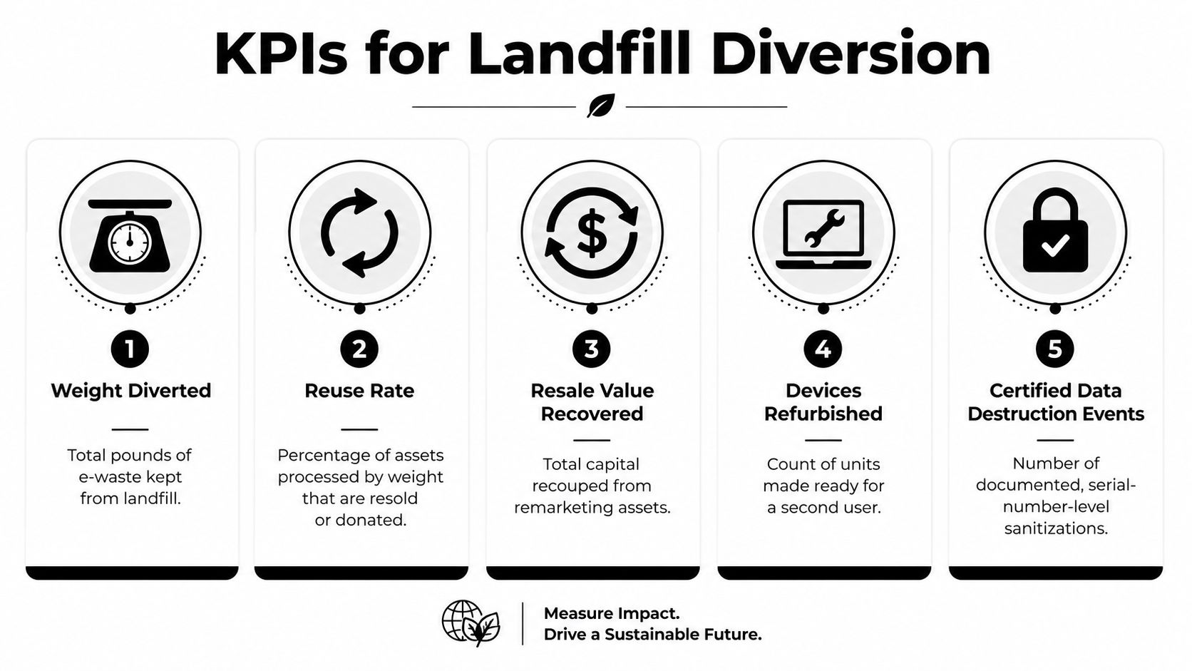 An infographic titled KPIs for Landfill Diversion listing five key performance metrics for sustainable e-waste management.