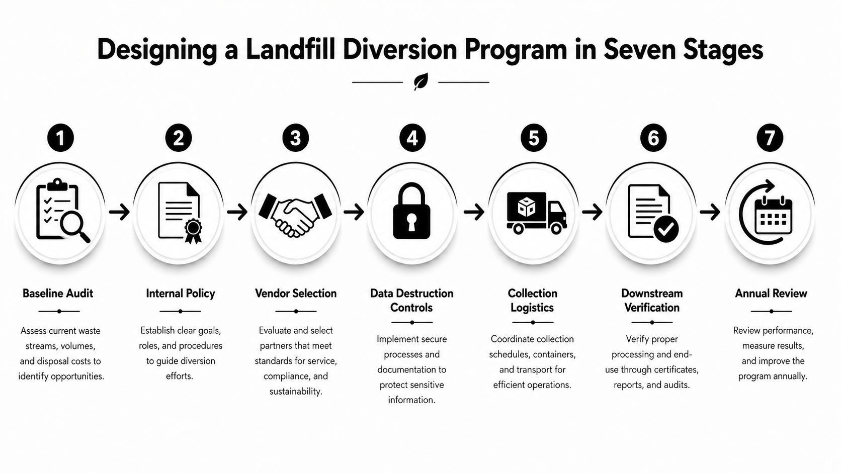 A seven-step process diagram illustrating how to design an effective landfill diversion program for waste management.
