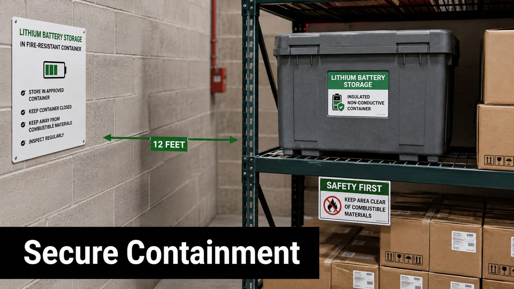 A safety sign on a wall near a grey storage container labeled for lithium battery storage.