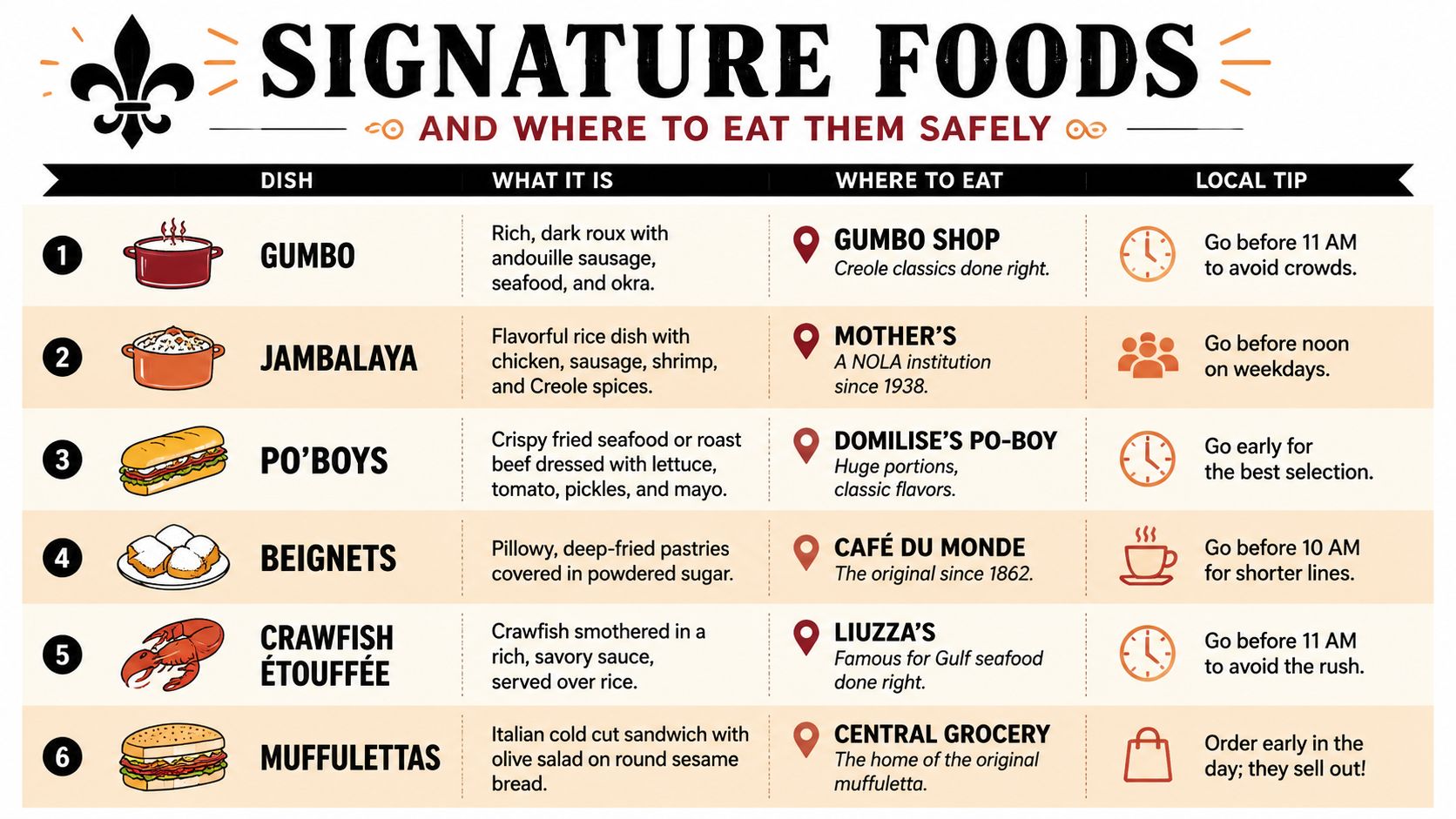 An infographic titled Signature Foods of New Orleans, listing six iconic local dishes with recommended restaurants and tips.