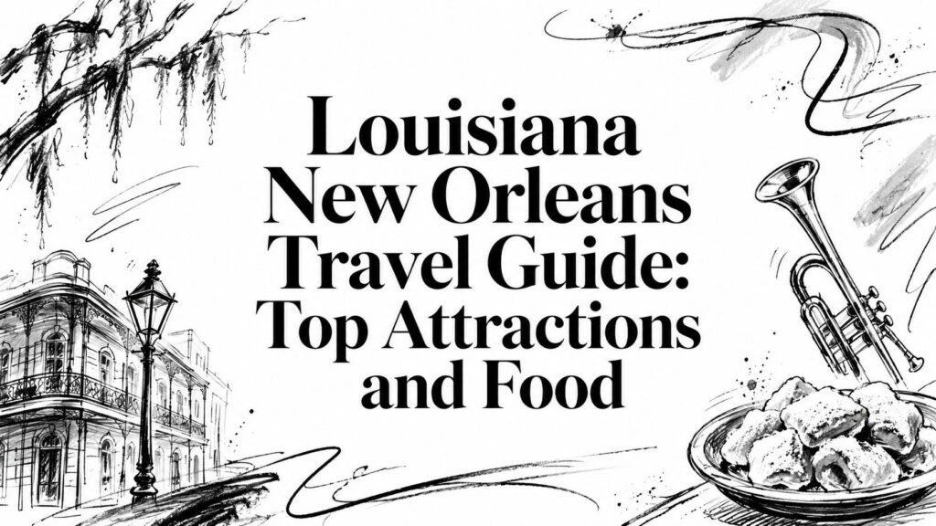 Black and white sketch of New Orleans with “Louisiana New Orleans Travel Guide” text at the top.