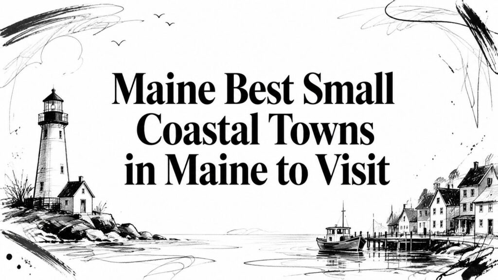 A sketch of a lighthouse, boat, and seashore with text reading “Maine Best Small Coastal Towns to Visit.”