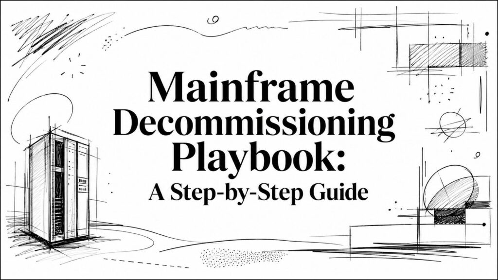 A sketch of a mainframe is shown beside text reading “Mainframe Decommissioning Playbook: A Step-by-Step Guide.”