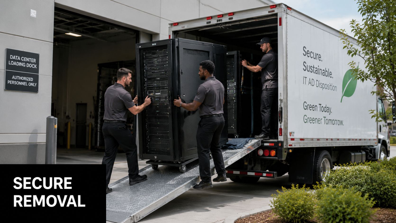 Three professionals in uniform carefully moving a large server rack onto a truck via a ramp.