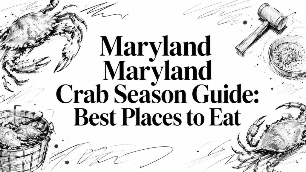 The image shows “Maryland Crab Season Guide: Best Places to Eat” with crabs and crab feast art around.