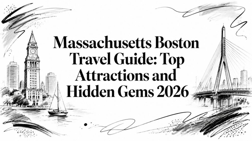 Boston travel guide with sketches of a clock tower, sailboat, skyscraper, and cable-stayed bridge.