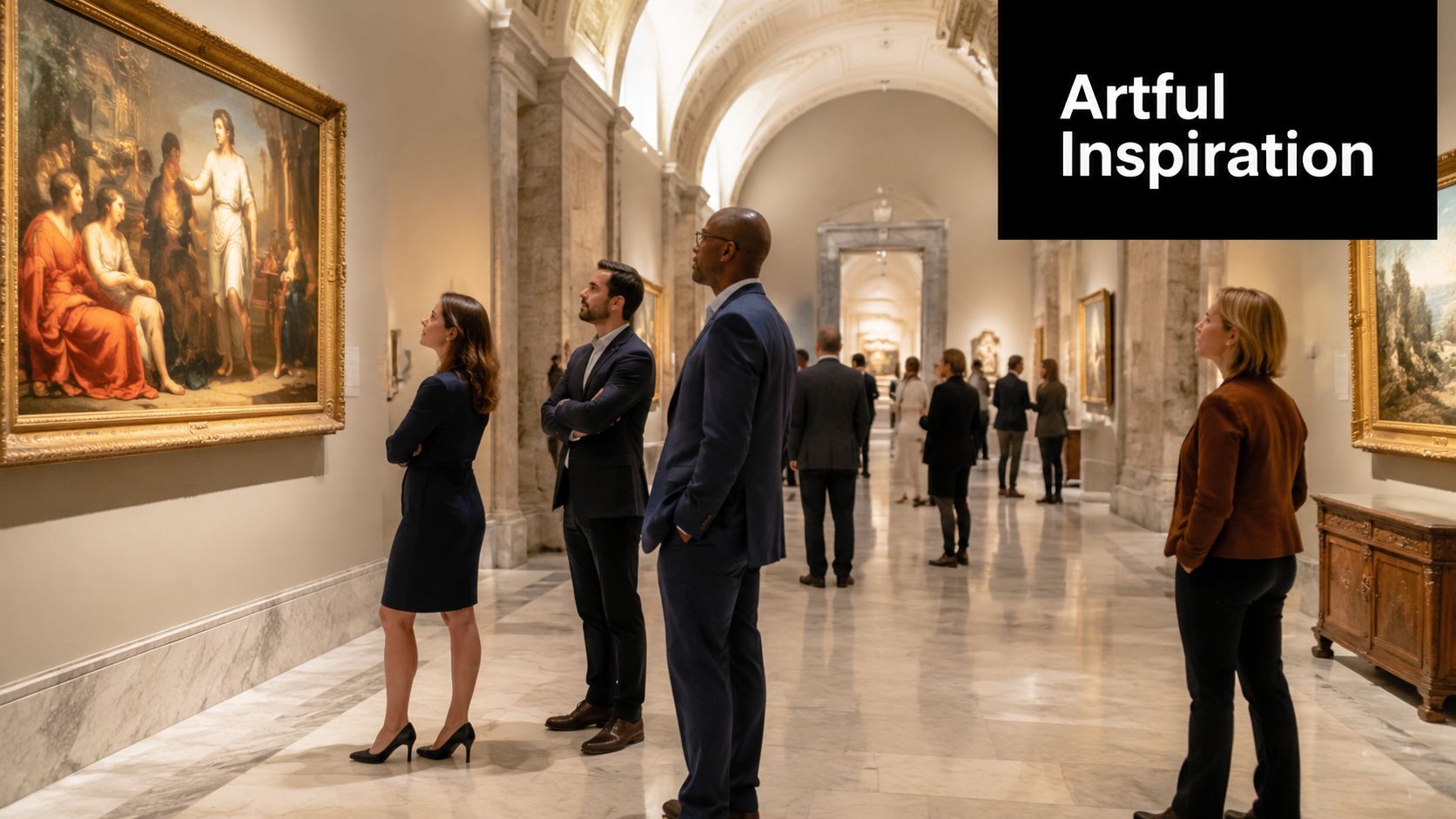 A group of people admiring paintings while walking through an elegant museum corridor in Boston.