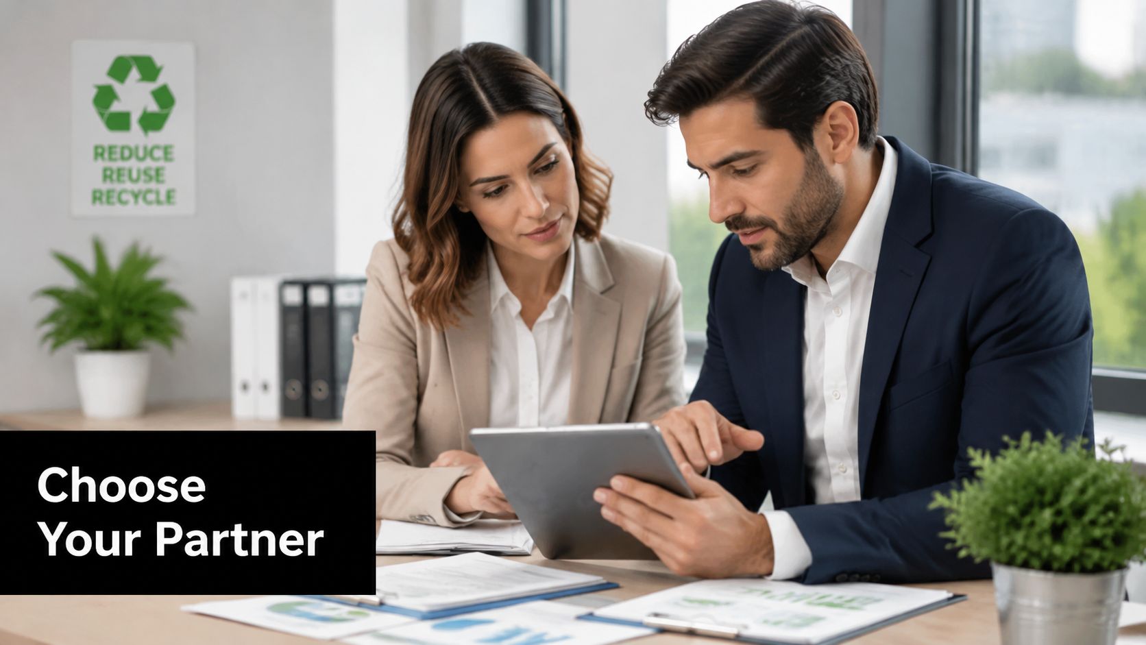 A professional man and woman discussing business strategy using a digital tablet at their office desk.