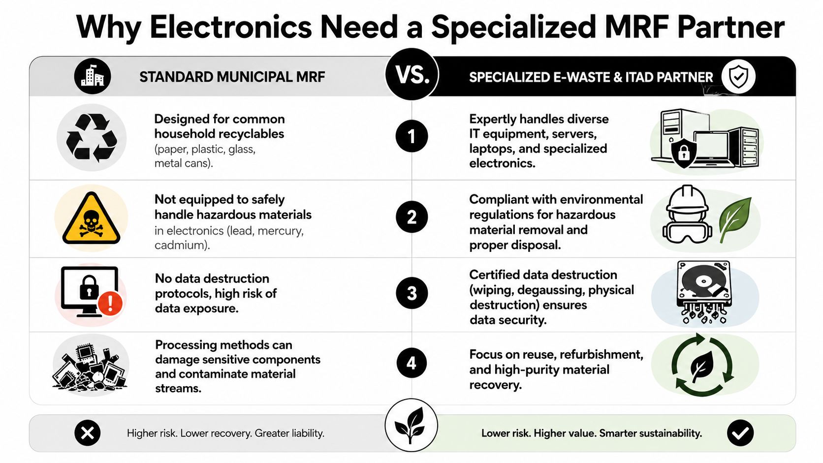 A comparison chart showing why electronics require a specialized material recovery facility rather than municipal recycling centers.