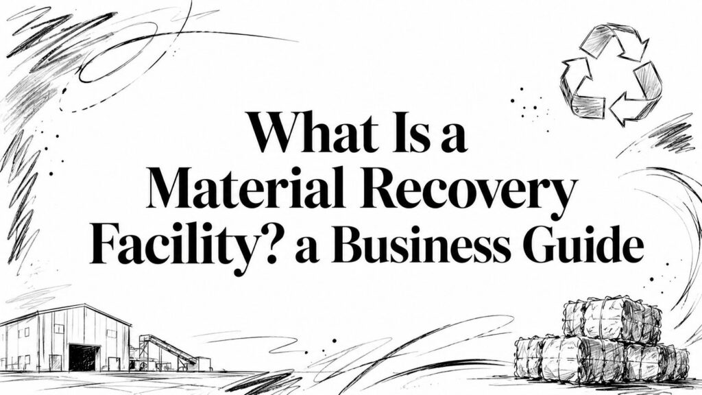 Image displays “What Is a Material Recovery Facility? A Business Guide” amid recycling-themed sketches.