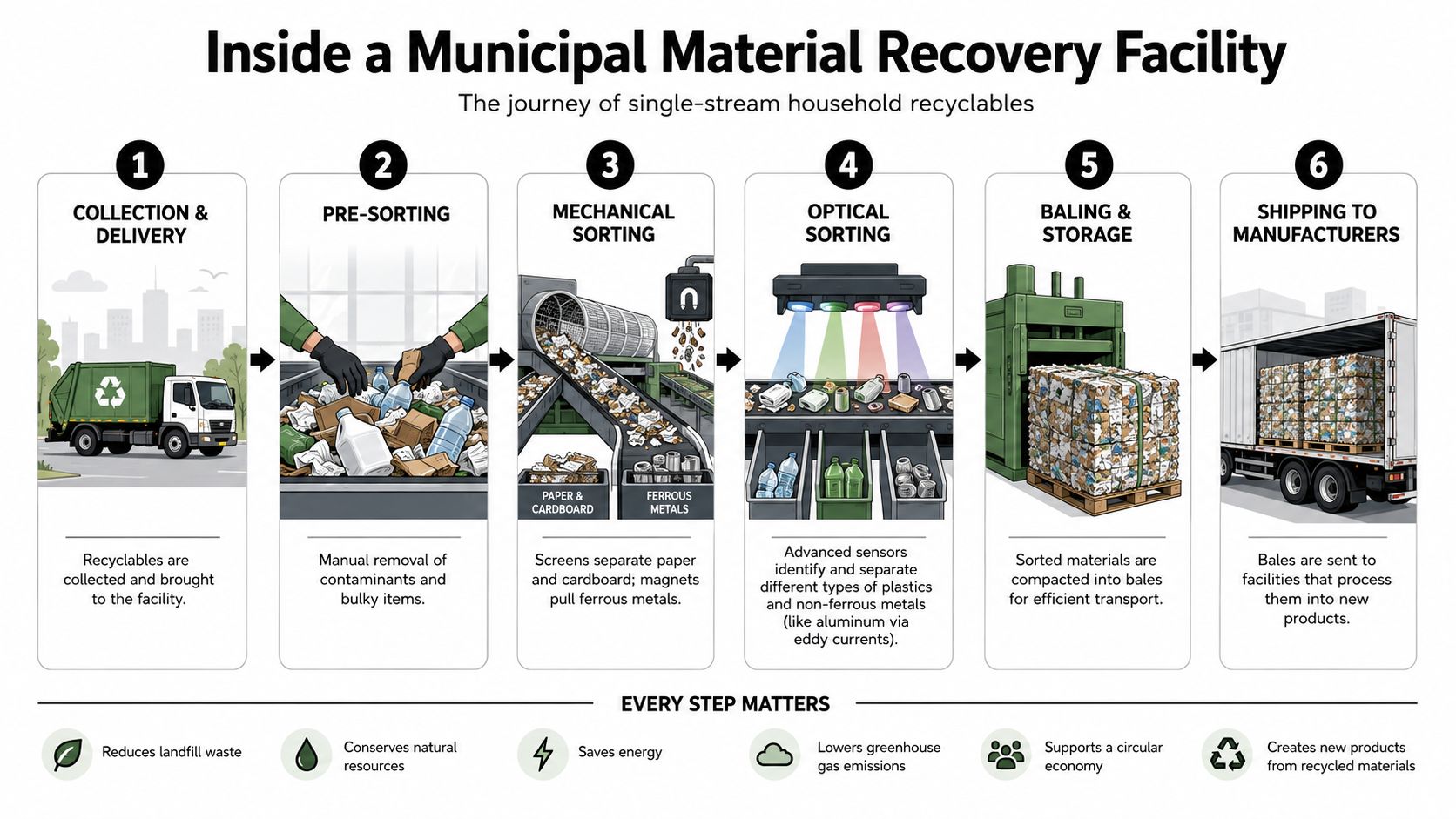 An infographic detailing the six-step process of a municipal material recovery facility for processing single-stream household recyclables.
